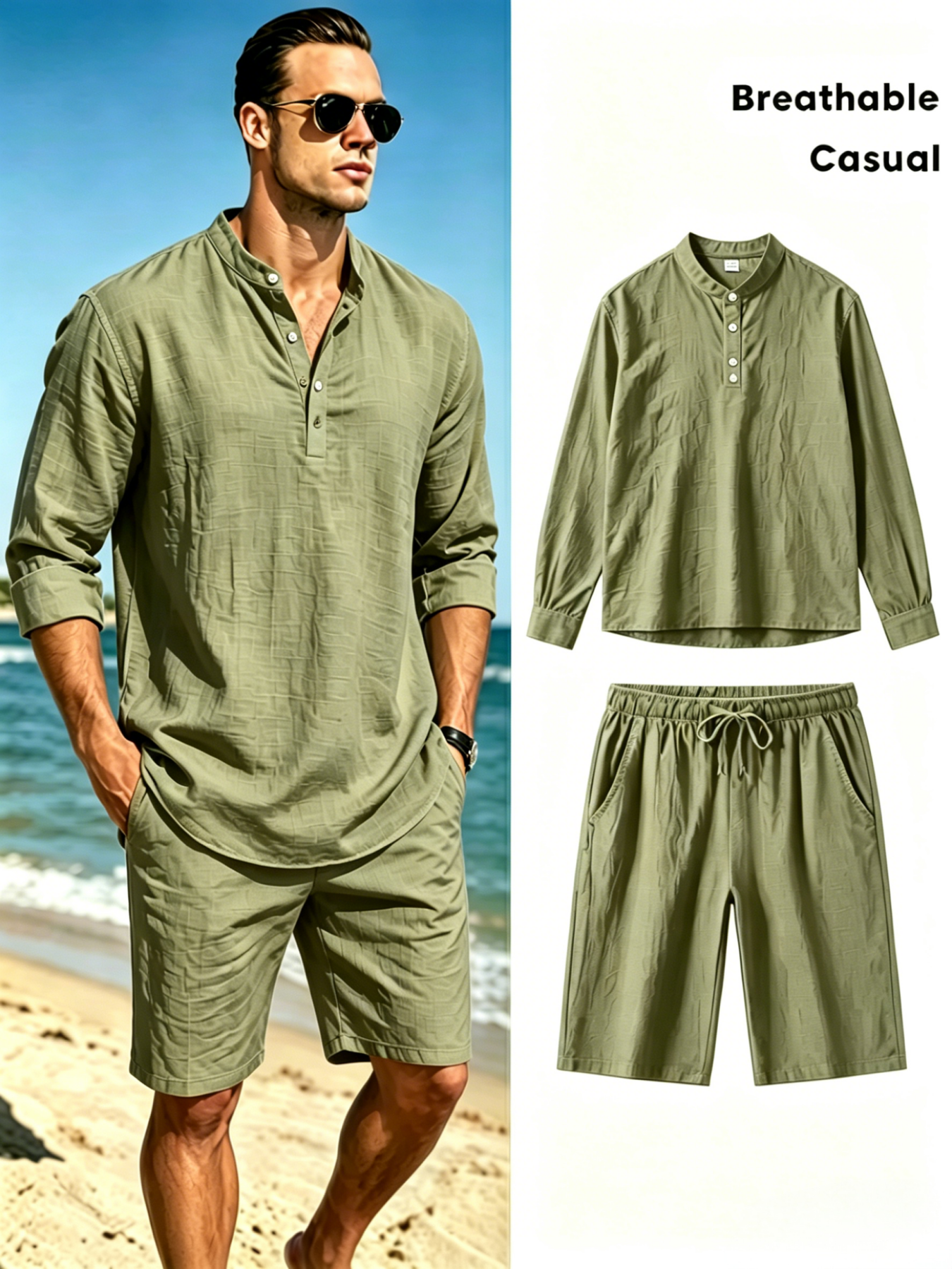 Short Linen Drawstring - Men's Cotton Linen Henley Shirt and