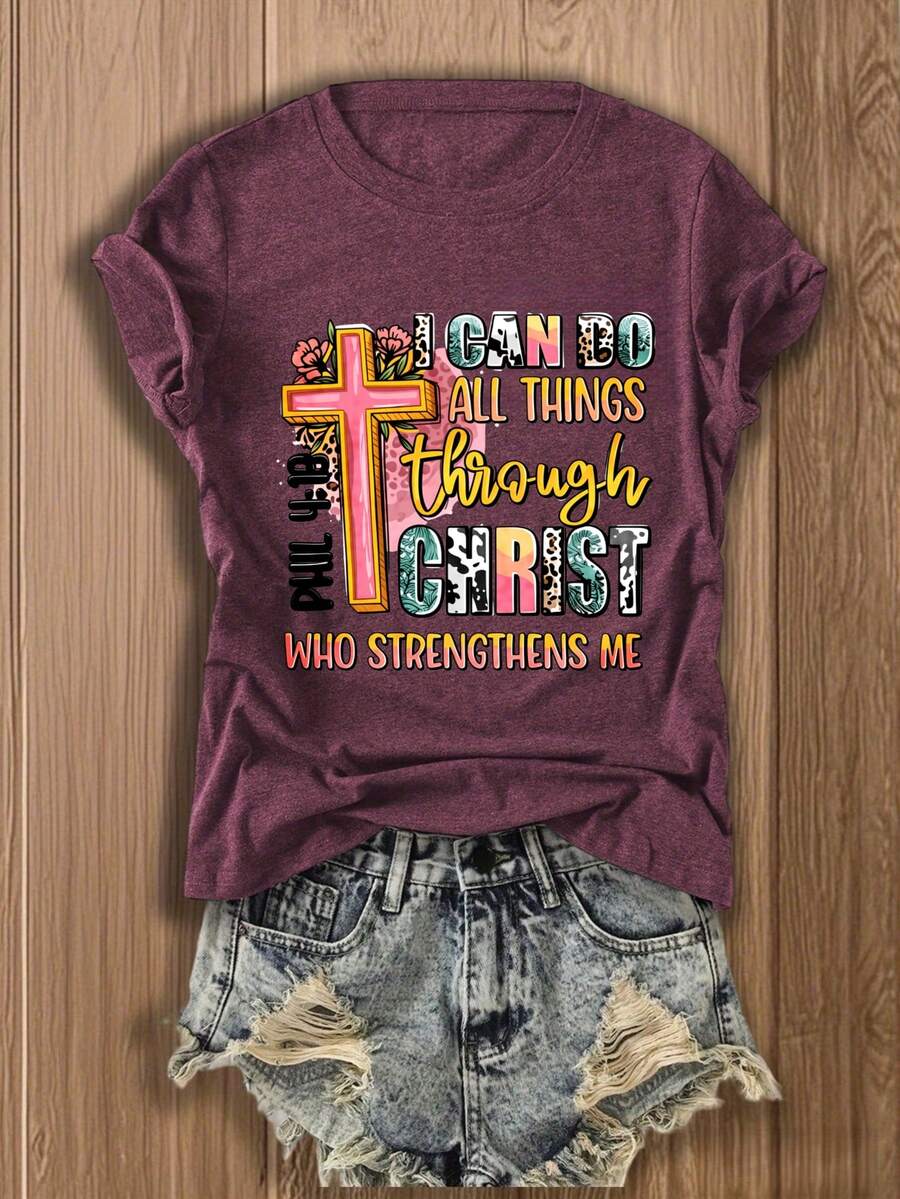 Tee Graphic Print - Womens Graphic Tee With Cross Slogan