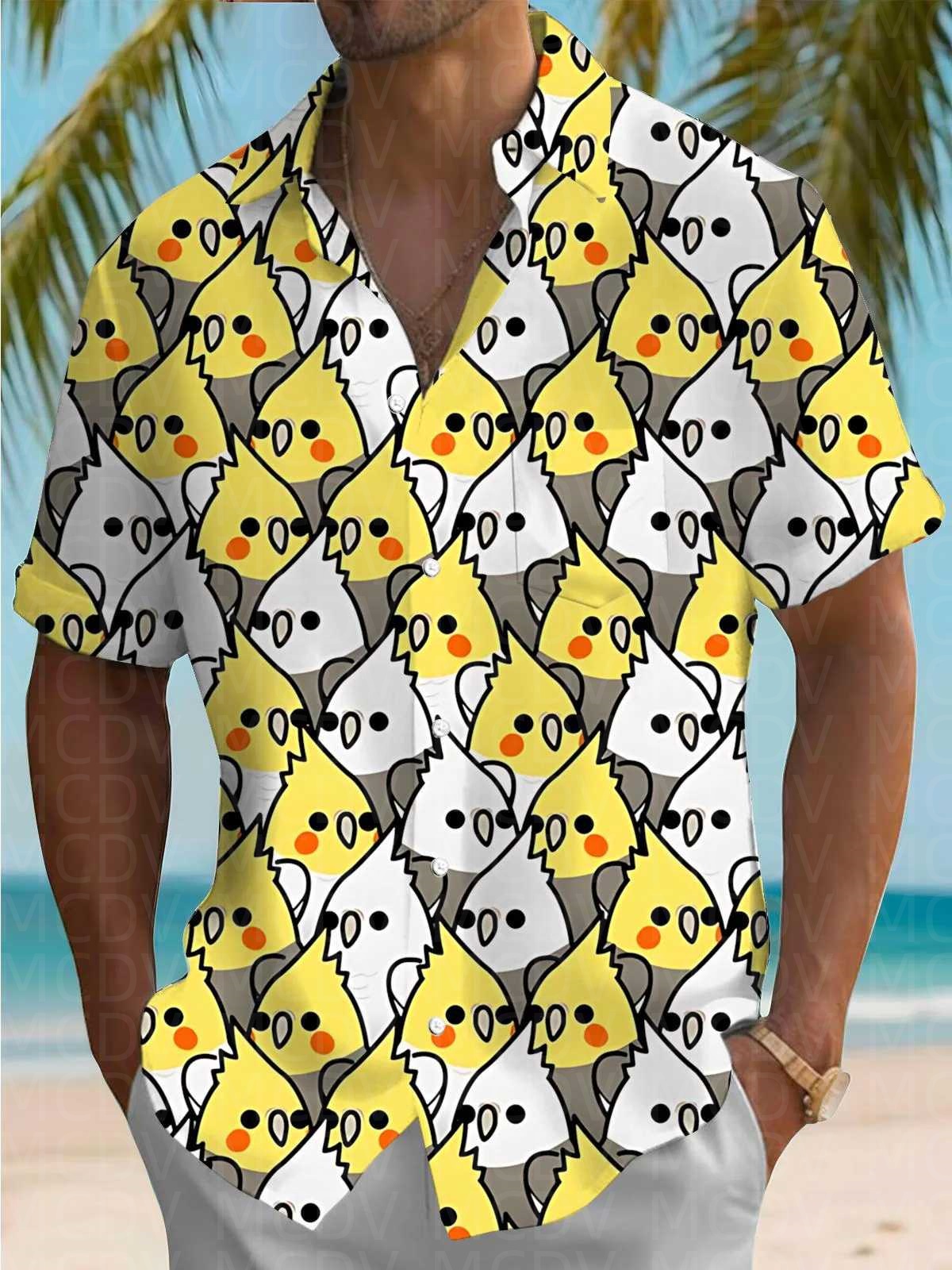 Shirt Camp Collar - Bird Pattern Men's Hawaiian Shirt Stretch