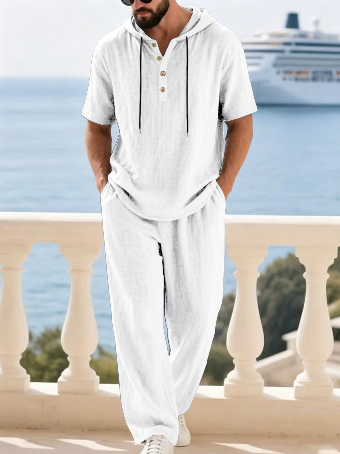 Men's Cotton Linen 2-Piece Set - Short Linen Drawstring ulasan dan harga