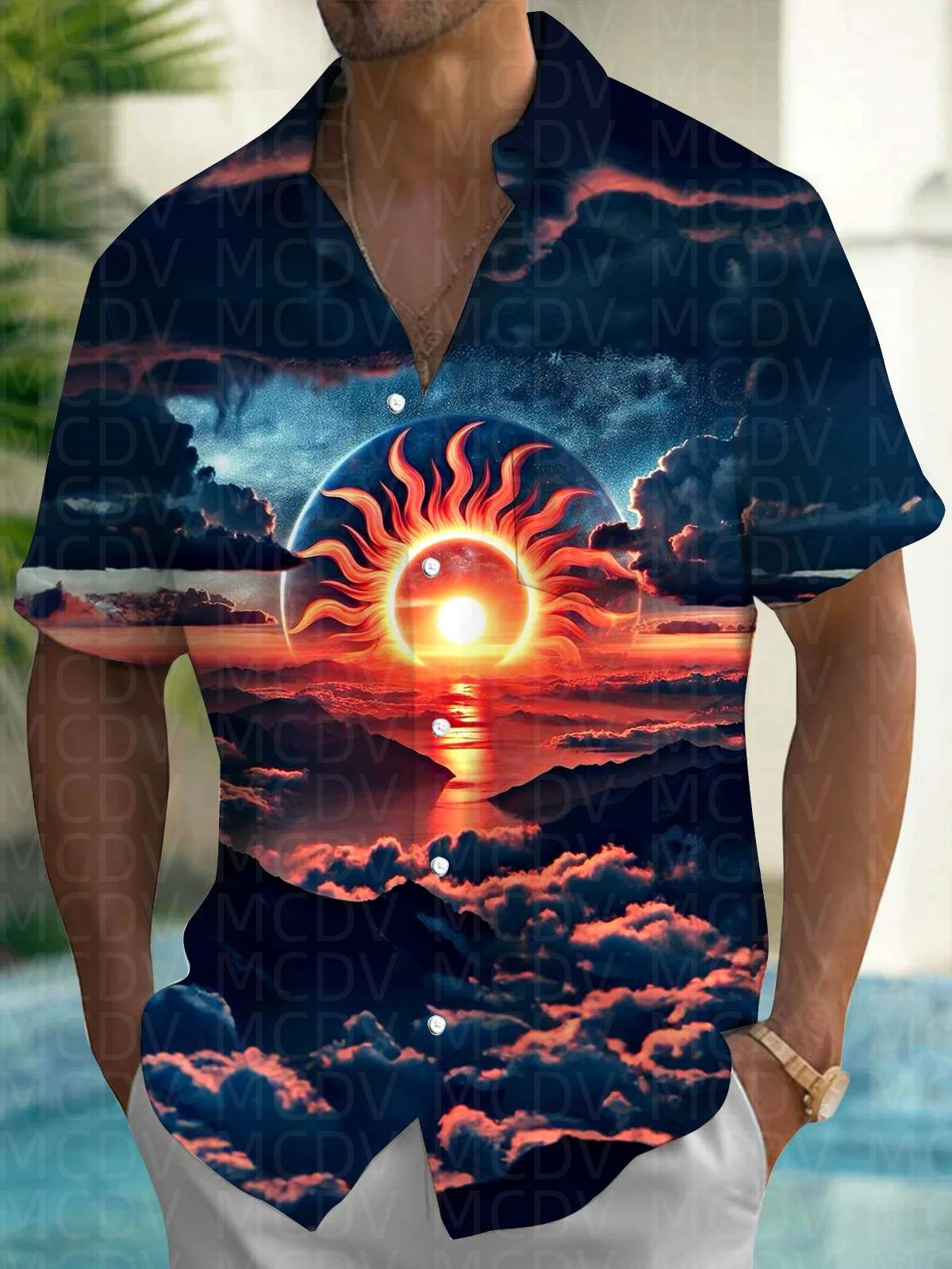 Sun Pattern Style Men's Hawaii - Shirt Camp Collar ulasan dan harga