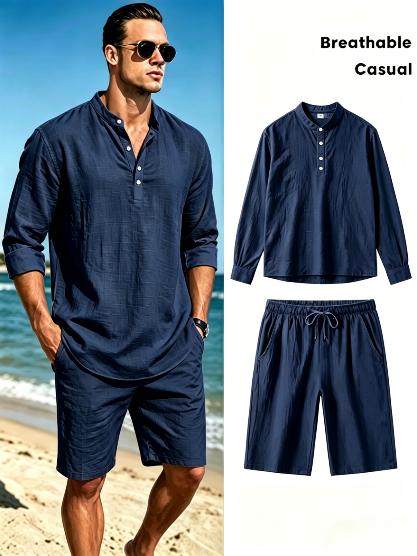 Men's Cotton Linen Henley Shir - Short Linen Drawstring ulasan dan harga