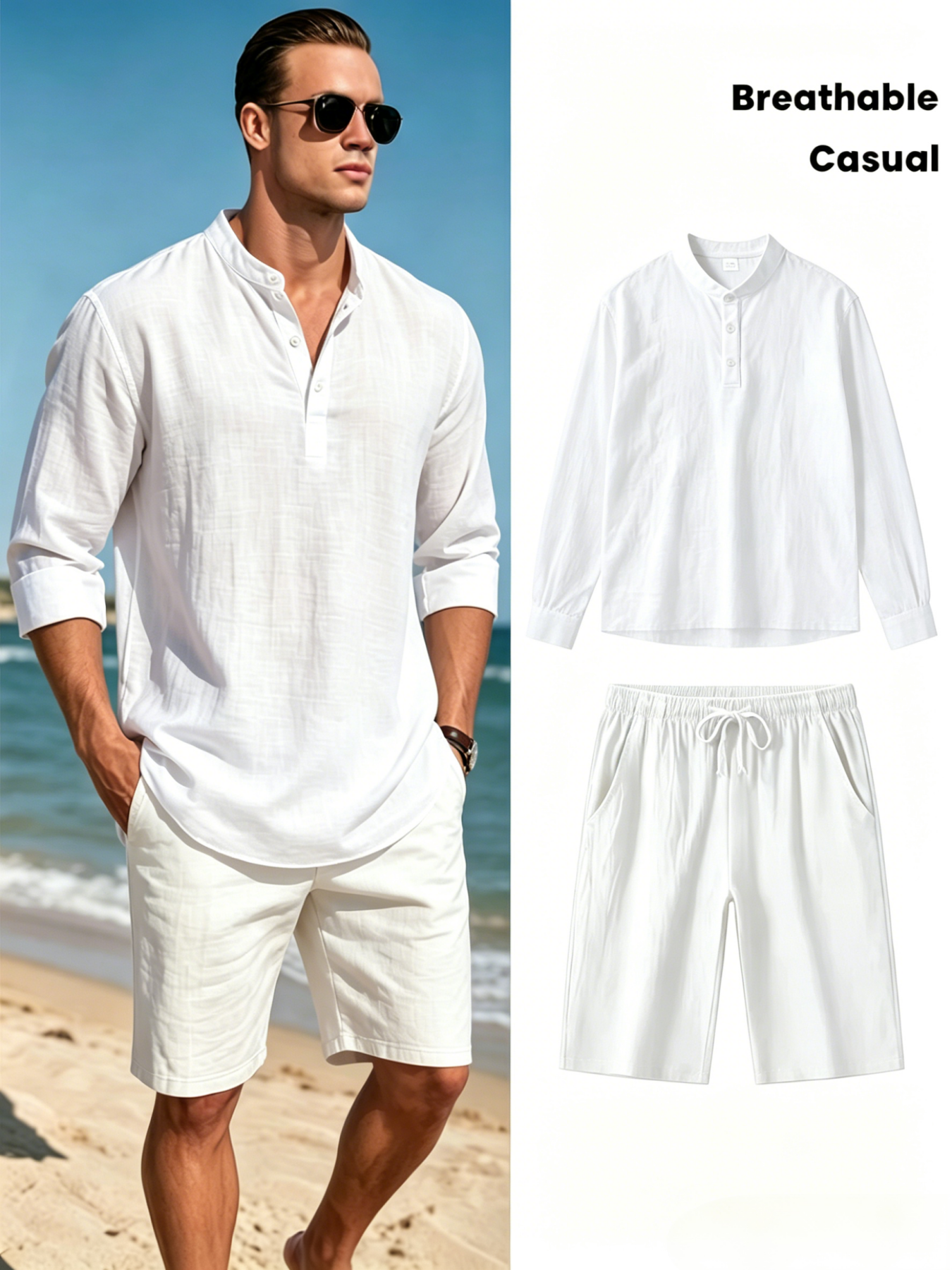 Men's Cotton Linen Henley Shir - Short Linen Drawstring ulasan dan harga