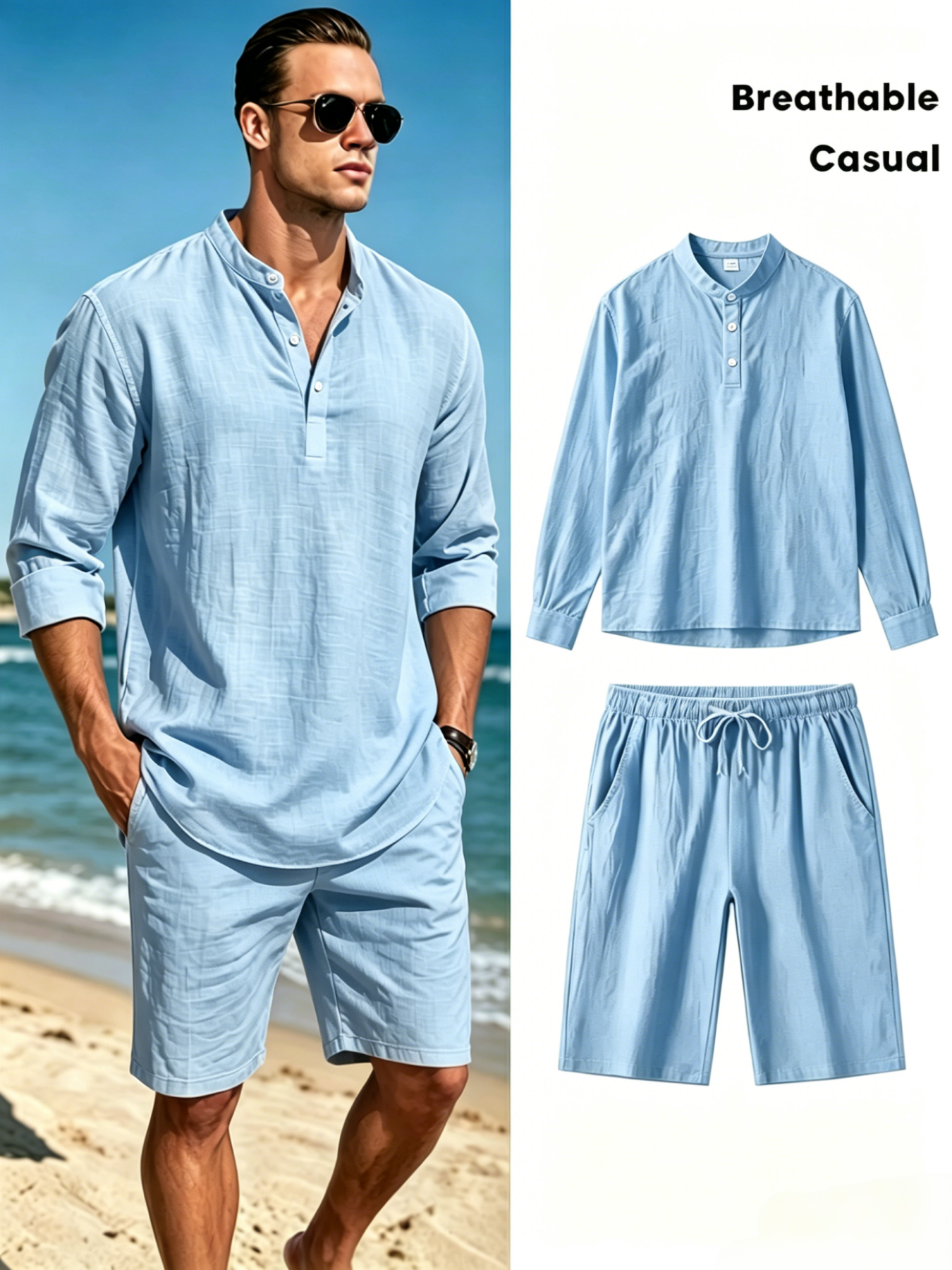 Men's Cotton Linen Henley Shir - Short Linen Drawstring ulasan dan harga
